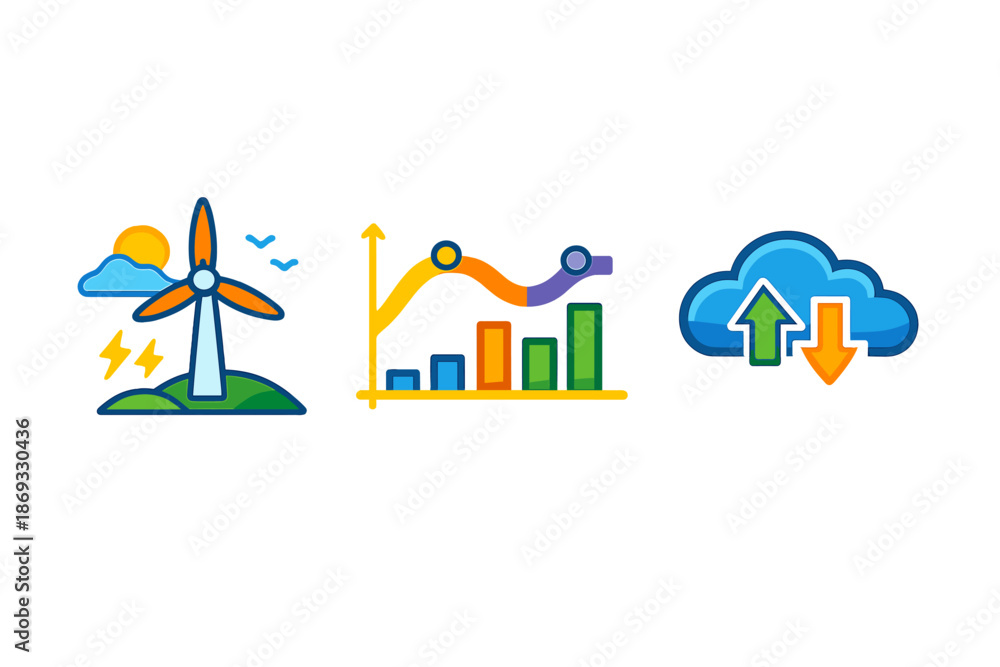 Fototapeta premium Clean energy, data analysis and cloud storage icons