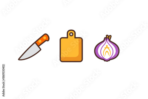 Culinary Icons: Knife, Cutting Board, and Onion