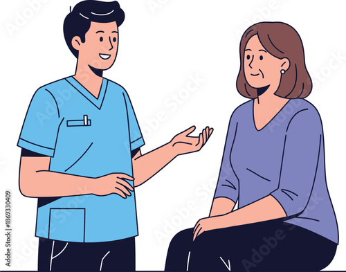 Illustration of a male doctor in a blue uniform talking to a middle aged woman after an examination, isolated on white background