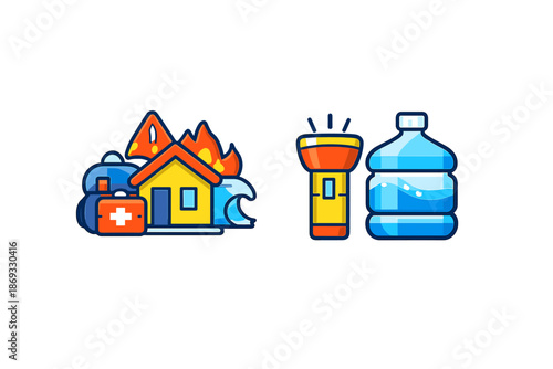 Emergency preparedness icons with house, first aid, flashlight, and water