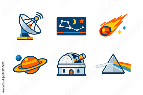 Set of six astronomy and science icons with glowing effects