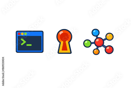Abstract icons representing computer terminal, keyhole, and network