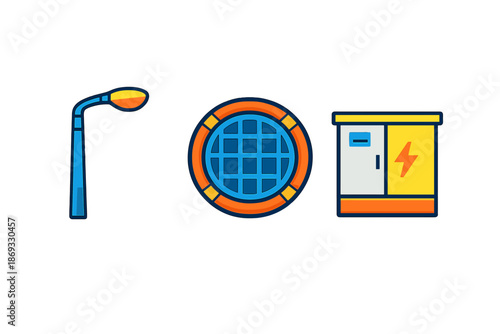 Set of three flat design icons representing urban infrastructure