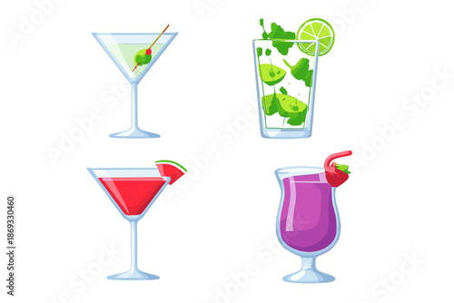 Four refreshing cocktails on a gradient background