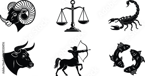 Black silhouettes of zodiac signs including ram head aries bull head taurus scales libra scorpion scorpio archer centaur sagittarius and two fish pisces arranged on white background