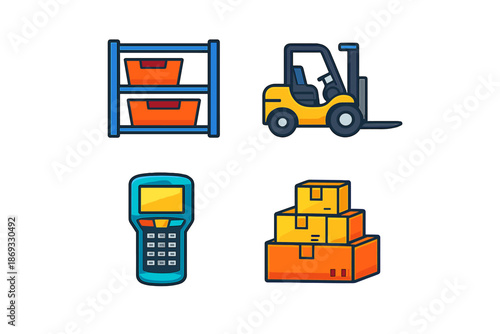Warehouse icons set with forklift, shelving, scanner, and boxes