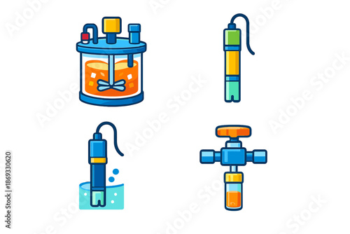 Set of scientific lab equipment icons with glowing effect