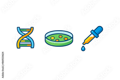 Science icons: DNA, petri dish, and dropper