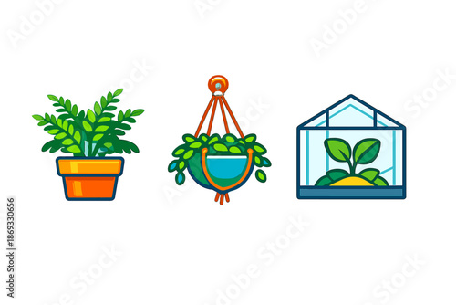 Cute potted plants, hanging basket, and small greenhouse icons on a blurred background