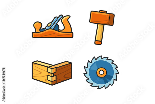 Carpentry Tools and Wood Joint Icon Set