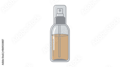 Liquid spray bottle, clear container with yellow liquid, beauty product packaging