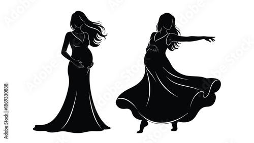 Beautiful Pregnant Woman Silhouette Vector Featuring Expectant Mother in Elegant Long Dress Dancing and Posing for Maternity Fashion and Celebration Design