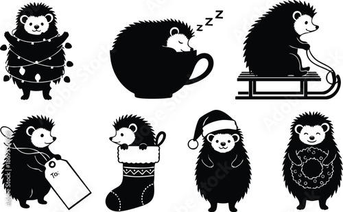 Christmas themed vector art of cute hedgehog wrapped in garland sleeping in cup sitting on sleigh holding gift tag in stocking wearing santa hat and holding wreath festive black silhouette icons