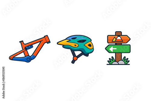 Mountain Biking Gear and Signpost Icons