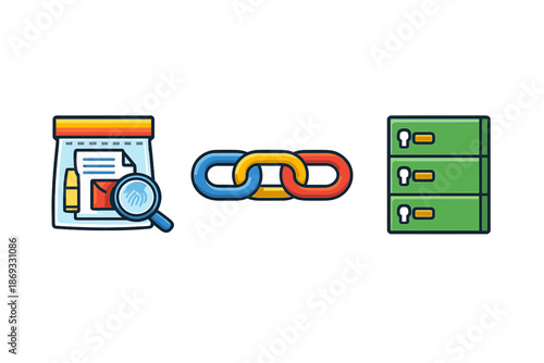 Forensic investigation, data linking, and server storage icons