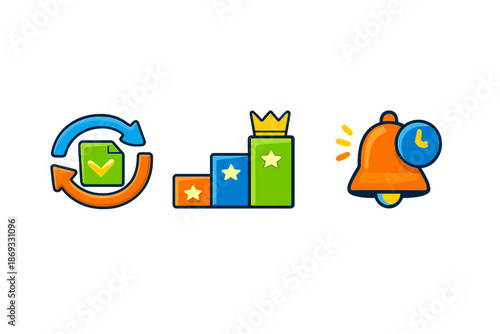 Gamification icons: refresh, podium, and alarm