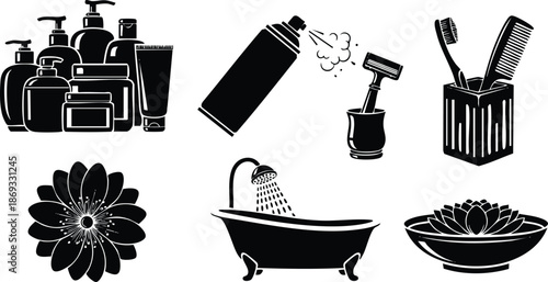 Black silhouette vector art of various personal care items including lotion bottles razor toothbrush comb flower bathtub with shower and spa bowl in minimal style