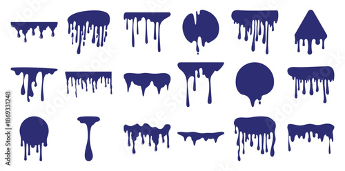 Collection of dark blue paint drips and splatters white liquid
