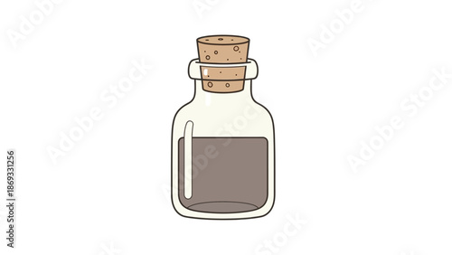 Hand-drawn vector illustration of a small glass bottle with a cork stopper containing dark liquid