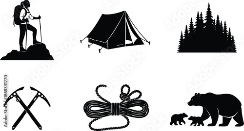 Black silhouette of hiker with backpack and poles standing on rock facing coniferous forest near camping tent with rope and ice axes and bear mother with two cubs vector illustration