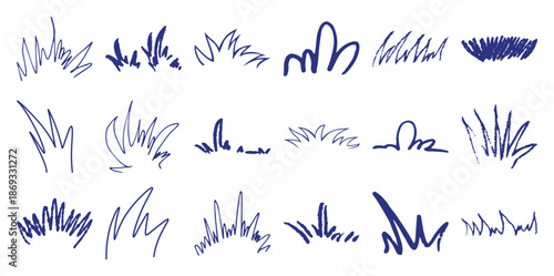 Collection of hand drawn blue grass tufts and scribbles white