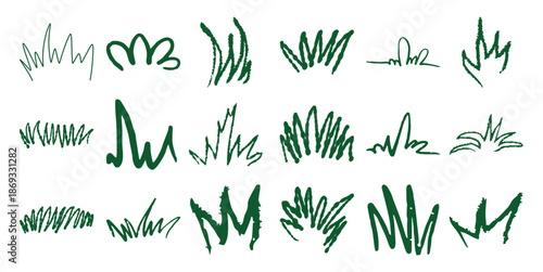 Collection of hand drawn green grass tufts and blades white nature plant