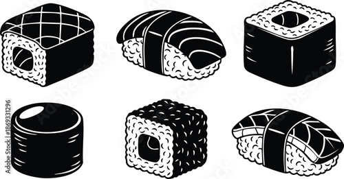 Black and white minimalist vector art of six different sushi pieces including nigiri maki and roll variations isolated on white background simple graphic style