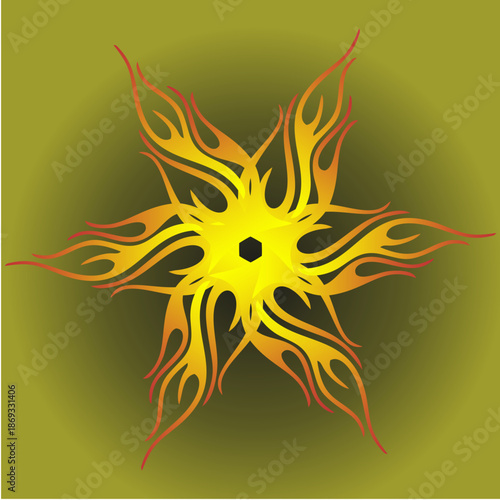 A radiant starburst of fiery symmetry, blending energy, balance, transformation, inner power, and cosmic harmony within glowing geometric flames.