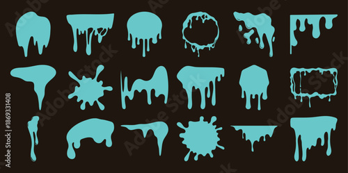 Collection of teal liquid drips and splashes dark brown blobs