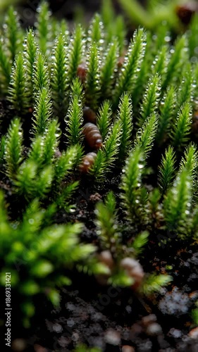 Close Up of Dew Drops on Bright Green Moss