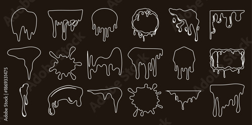 Collection of white dripping liquid shapes and splatters black