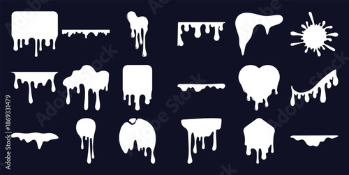 Collection of white dripping liquid shapes and splatters dark blue