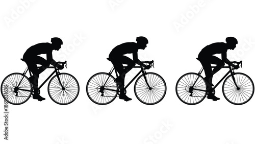 Black and white cycling silhouettes set featuring road bike racers in action for sports competition fitness exercise and outdoor activity