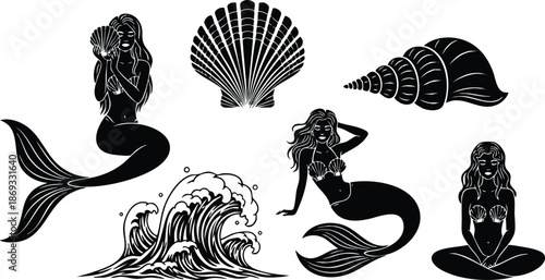 Black silhouette mermaid vector set showing sitting woman holding shell and relaxing posing with seashells and ocean waves in simple bold style isolated on white background