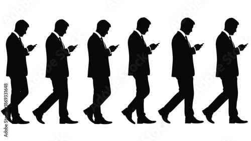 Black and white businessman silhouettes set walking while using smartphones for mobile communication corporate technology social media and business connectivity