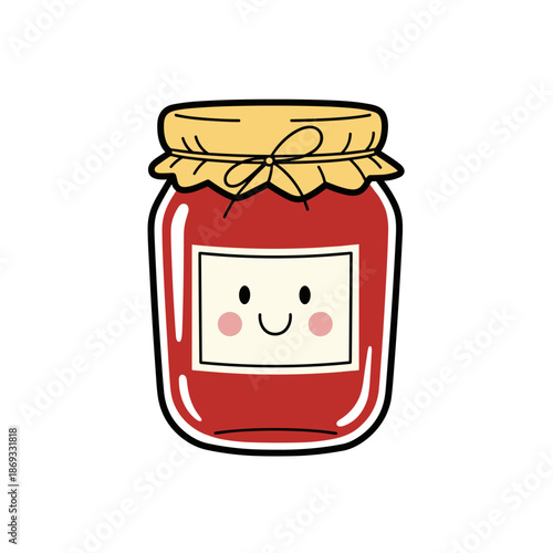 Cute jar of homemade jam with smiling face and decorative lid  