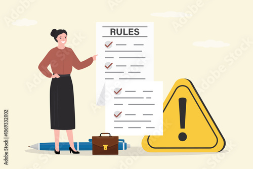 Businesswoman uses pen and writing rules and regulations document. Rules, policy and guideline for employee to follow, legal term, corporate compliance or laws,