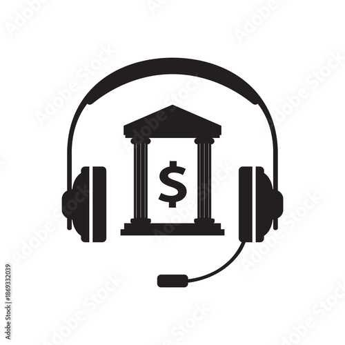 Technical support, online advice, banking or financial service by call or chat. Headphone with microphone and bank building icon. Support, solution, customer assistance operator.