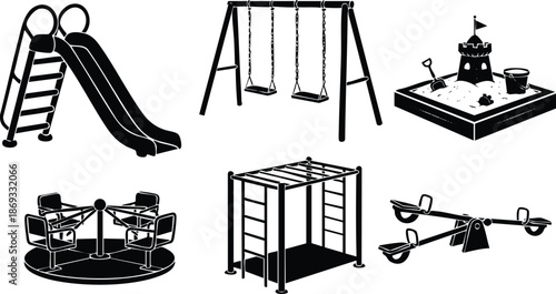 Black silhouette icons collection of six playground equipment including slide swings sandbox merry go round climbing frame and seesaw in flat design style