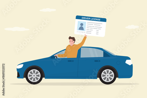 Happy male character driving modern car and holding driver license. Young driver behind the wheel of his auto