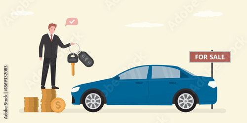 Dealer standing on money near auto. Car sales, showroom. Happy driver customer holds the keys and keychain of a new car. Modern blue car.