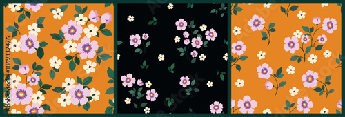 Seamless floral pattern, abstract ditsy print, ornament in a cute folk motif. Simple botanical design of small hand drawn flowers, tiny leaves, thin twigs in abstract composition. Vector illustration.