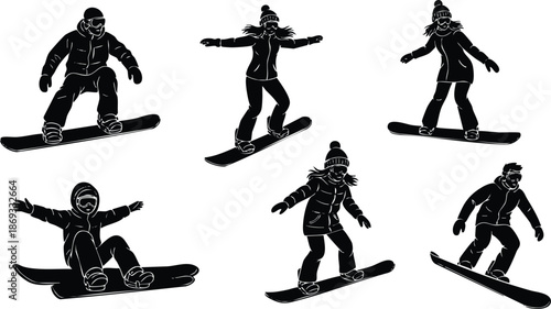 Silhouette snowboarders performing various tricks and poses on white background winter sports action vector art illustration with snow gear and helmets