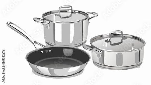 Pots and pans set vector illustration, frying pan, saucepan, stockpot, stainless steel, clean layout