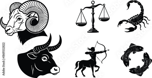 Black and white zodiac vector art composed of ram head bull head balance scale scorpion centaur with bow and arrow and two fish forming circle astrology symbols set in minimal style