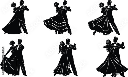 Elegant black silhouette couples ballroom dancing gracefully in formal wear smooth flowing dresses multiple poses vector art