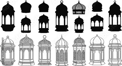 Islamic lantern collection with silhouette and ornate designs, traditional Middle Eastern style, cultural decorative elements, symmetrical layout, flat vector