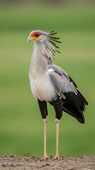 A secretarybird stands on the ground in a natural outdoor environment with long legs and distinctive facial features.