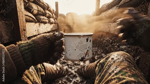 Wallpaper Mural Soldier's Hands Holding White Container Amidst Dusty Trench Scene Viewed from Behind Torontodigital.ca