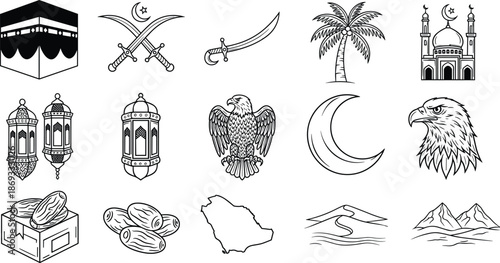 Islamic and Middle Eastern icons including Kaaba, mosque, crescent moon, swords, lanterns, falcon, dates, desert, silhouette style, flat vector
